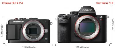 Größenvergleich: OM System PEN E-PL6 vs. Sony Alpha 7R II Größenvergleich: OM System PEN E-PL6 vs. Sony Alpha 7R II