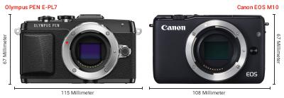 Größenvergleich: OM System PEN E-PL7 vs. Canon EOS M10 Größenvergleich: OM System PEN E-PL7 vs. Canon EOS M10