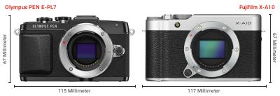 Größenvergleich: OM System PEN E-PL7 vs. Fujifilm X-A10 Größenvergleich: OM System PEN E-PL7 vs. Fujifilm X-A10