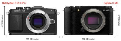 Größenvergleich: OM System PEN E-PL7 vs. Fujifilm X-M5 Größenvergleich: OM System PEN E-PL7 vs. Fujifilm X-M5