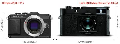 Größenvergleich: OM System PEN E-PL7 vs. Leica M10 Monochrom (Typ 6376) Größenvergleich: OM System PEN E-PL7 vs. Leica M10 Monochrom (Typ 6376)