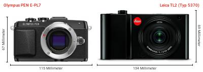 Größenvergleich: OM System PEN E-PL7 vs. Leica TL2 (Typ 5370) Größenvergleich: OM System PEN E-PL7 vs. Leica TL2 (Typ 5370)