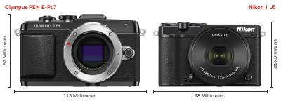 Größenvergleich: OM System PEN E-PL7 vs. Nikon 1 J5