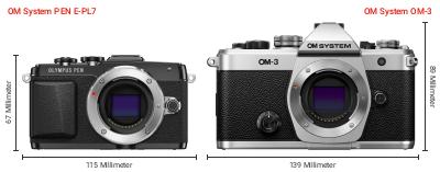 Größenvergleich: OM System PEN E-PL7 vs. OM System OM-3 Größenvergleich: OM System PEN E-PL7 vs. OM System OM-3