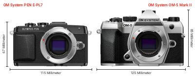 Größenvergleich: OM System PEN E-PL7 vs. OM System OM-5 Mark II Größenvergleich: OM System PEN E-PL7 vs. OM System OM-5 Mark II