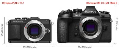 Größenvergleich: OM System PEN E-PL7 vs. OM System OM-D E-M1 Mark II Größenvergleich: OM System PEN E-PL7 vs. OM System OM-D E-M1 Mark II