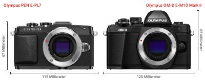 Größenvergleich: OM System PEN E-PL7 vs. OM System OM-D E-M10 Mark II Größenvergleich: OM System PEN E-PL7 vs. OM System OM-D E-M10 Mark II