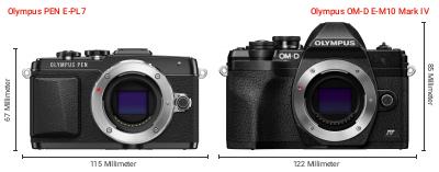 Größenvergleich: OM System PEN E-PL7 vs. OM System OM-D E-M10 Mark IV Größenvergleich: OM System PEN E-PL7 vs. OM System OM-D E-M10 Mark IV