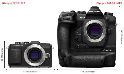 Größenvergleich: OM System PEN E-PL7 vs. OM System OM-D E-M1X Größenvergleich: OM System PEN E-PL7 vs. OM System OM-D E-M1X