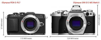 Größenvergleich: OM System PEN E-PL7 vs. OM System OM-D E-M5 Mark II Größenvergleich: OM System PEN E-PL7 vs. OM System OM-D E-M5 Mark II