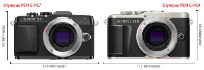 Größenvergleich: OM System PEN E-PL7 vs. OM System PEN E-PL9 Größenvergleich: OM System PEN E-PL7 vs. OM System PEN E-PL9