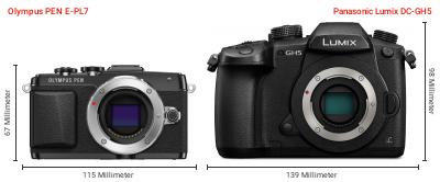 Größenvergleich: OM System PEN E-PL7 vs. Panasonic Lumix DC-GH5 Größenvergleich: OM System PEN E-PL7 vs. Panasonic Lumix DC-GH5