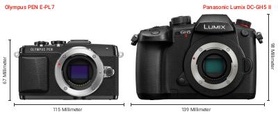 Größenvergleich: OM System PEN E-PL7 vs. Panasonic Lumix DC-GH5 II Größenvergleich: OM System PEN E-PL7 vs. Panasonic Lumix DC-GH5 II