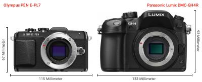 Größenvergleich: OM System PEN E-PL7 vs. Panasonic Lumix DMC-GH4R Größenvergleich: OM System PEN E-PL7 vs. Panasonic Lumix DMC-GH4R