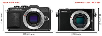 Größenvergleich: OM System PEN E-PL7 vs. Panasonic Lumix DMC-GM5 Größenvergleich: OM System PEN E-PL7 vs. Panasonic Lumix DMC-GM5