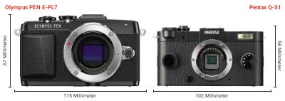 Größenvergleich: OM System PEN E-PL7 vs. Pentax Q-S1 Größenvergleich: OM System PEN E-PL7 vs. Pentax Q-S1