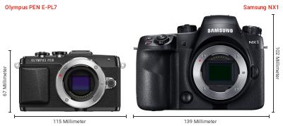Größenvergleich: OM System PEN E-PL7 vs. Samsung NX1 Größenvergleich: OM System PEN E-PL7 vs. Samsung NX1