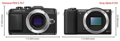 Größenvergleich: OM System PEN E-PL7 vs. Sony Alpha 5100 Größenvergleich: OM System PEN E-PL7 vs. Sony Alpha 5100
