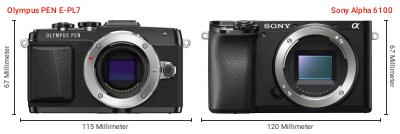Größenvergleich: OM System PEN E-PL7 vs. Sony Alpha 6100 Größenvergleich: OM System PEN E-PL7 vs. Sony Alpha 6100