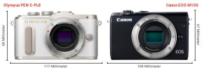 Größenvergleich: OM System PEN E-PL8 vs. Canon EOS M100 Größenvergleich: OM System PEN E-PL8 vs. Canon EOS M100