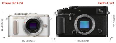 Größenvergleich: OM System PEN E-PL8 vs. Fujifilm X-Pro3 Größenvergleich: OM System PEN E-PL8 vs. Fujifilm X-Pro3