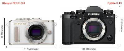 Größenvergleich: OM System PEN E-PL8 vs. Fujifilm X-T3 Größenvergleich: OM System PEN E-PL8 vs. Fujifilm X-T3