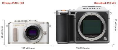 Größenvergleich: OM System PEN E-PL8 vs. Hasselblad X1D 50C Größenvergleich: OM System PEN E-PL8 vs. Hasselblad X1D 50C