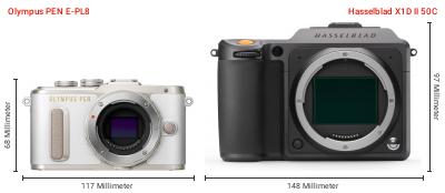 Größenvergleich: OM System PEN E-PL8 vs. Hasselblad X1D II 50C Größenvergleich: OM System PEN E-PL8 vs. Hasselblad X1D II 50C