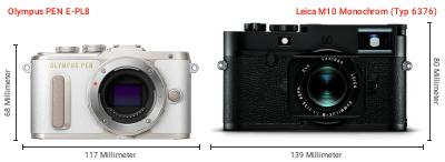 Größenvergleich: OM System PEN E-PL8 vs. Leica M10 Monochrom (Typ 6376) Größenvergleich: OM System PEN E-PL8 vs. Leica M10 Monochrom (Typ 6376)