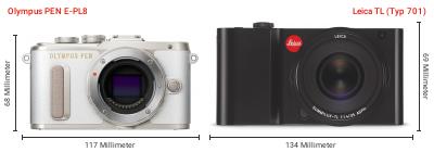 Größenvergleich: OM System PEN E-PL8 vs. Leica TL (Typ 701) Größenvergleich: OM System PEN E-PL8 vs. Leica TL (Typ 701)