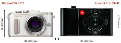 Größenvergleich: OM System PEN E-PL8 vs. Leica TL2 (Typ 5370) Größenvergleich: OM System PEN E-PL8 vs. Leica TL2 (Typ 5370)