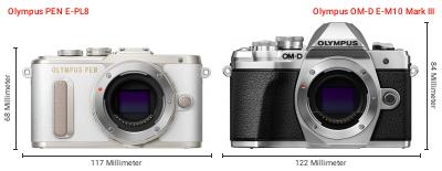 Größenvergleich: OM System PEN E-PL8 vs. OM System OM-D E-M10 Mark III Größenvergleich: OM System PEN E-PL8 vs. OM System OM-D E-M10 Mark III