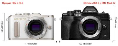 Größenvergleich: OM System PEN E-PL8 vs. OM System OM-D E-M10 Mark IV Größenvergleich: OM System PEN E-PL8 vs. OM System OM-D E-M10 Mark IV
