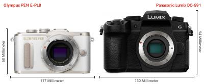 Größenvergleich: OM System PEN E-PL8 vs. Panasonic Lumix DC-G91 Größenvergleich: OM System PEN E-PL8 vs. Panasonic Lumix DC-G91