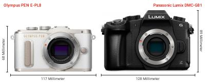 Größenvergleich: OM System PEN E-PL8 vs. Panasonic Lumix DMC-G81 Größenvergleich: OM System PEN E-PL8 vs. Panasonic Lumix DMC-G81