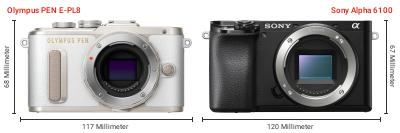 Größenvergleich: OM System PEN E-PL8 vs. Sony Alpha 6100 Größenvergleich: OM System PEN E-PL8 vs. Sony Alpha 6100