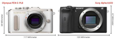 Größenvergleich: OM System PEN E-PL8 vs. Sony Alpha 6600 Größenvergleich: OM System PEN E-PL8 vs. Sony Alpha 6600