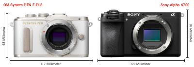 Größenvergleich: OM System PEN E-PL8 vs. Sony Alpha 6700 Größenvergleich: OM System PEN E-PL8 vs. Sony Alpha 6700