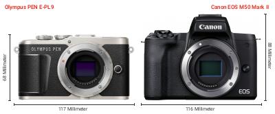 Größenvergleich: OM System PEN E-PL9 vs. Canon EOS M50 Mark II Größenvergleich: OM System PEN E-PL9 vs. Canon EOS M50 Mark II