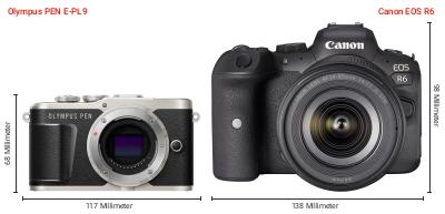 Größenvergleich: OM System PEN E-PL9 vs. Canon EOS R6 Größenvergleich: OM System PEN E-PL9 vs. Canon EOS R6