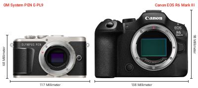 Größenvergleich: OM System PEN E-PL9 vs. Canon EOS R6 Mark III Größenvergleich: OM System PEN E-PL9 vs. Canon EOS R6 Mark III