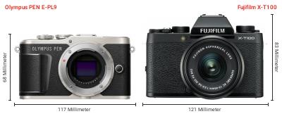 Größenvergleich: OM System PEN E-PL9 vs. Fujifilm X-T100 Größenvergleich: OM System PEN E-PL9 vs. Fujifilm X-T100