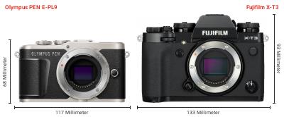 Größenvergleich: OM System PEN E-PL9 vs. Fujifilm X-T3 Größenvergleich: OM System PEN E-PL9 vs. Fujifilm X-T3