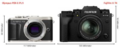 Größenvergleich: OM System PEN E-PL9 vs. Fujifilm X-T4 Größenvergleich: OM System PEN E-PL9 vs. Fujifilm X-T4