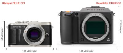 Größenvergleich: OM System PEN E-PL9 vs. Hasselblad X1D II 50C Größenvergleich: OM System PEN E-PL9 vs. Hasselblad X1D II 50C