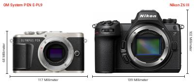 Größenvergleich: OM System PEN E-PL9 vs. Nikon Z6 III Größenvergleich: OM System PEN E-PL9 vs. Nikon Z6 III