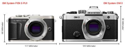 Größenvergleich: OM System PEN E-PL9 vs. OM System OM-3 Größenvergleich: OM System PEN E-PL9 vs. OM System OM-3