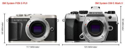 Größenvergleich: OM System PEN E-PL9 vs. OM System OM-5 Mark II Größenvergleich: OM System PEN E-PL9 vs. OM System OM-5 Mark II