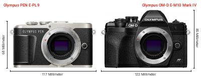 Größenvergleich: OM System PEN E-PL9 vs. OM System OM-D E-M10 Mark IV Größenvergleich: OM System PEN E-PL9 vs. OM System OM-D E-M10 Mark IV