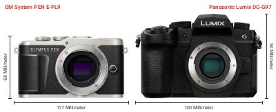 Größenvergleich: OM System PEN E-PL9 vs. Panasonic Lumix DC-G97 Größenvergleich: OM System PEN E-PL9 vs. Panasonic Lumix DC-G97